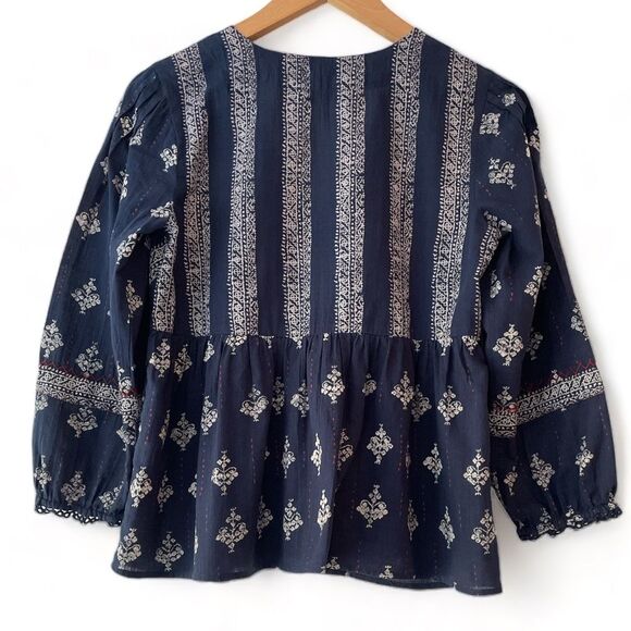 Lucky Brand 3/4 sleeve baby doll boho top, V-neck, navy blue red accents Sz XS - Picture 6 of 9